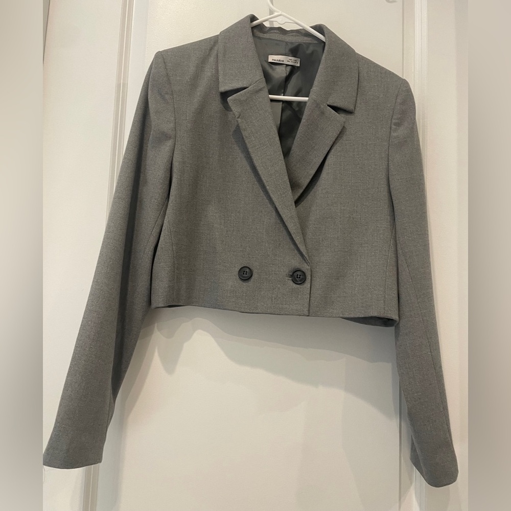 Pull&Bear Cropped Gray Double-Button Blazer - image 1